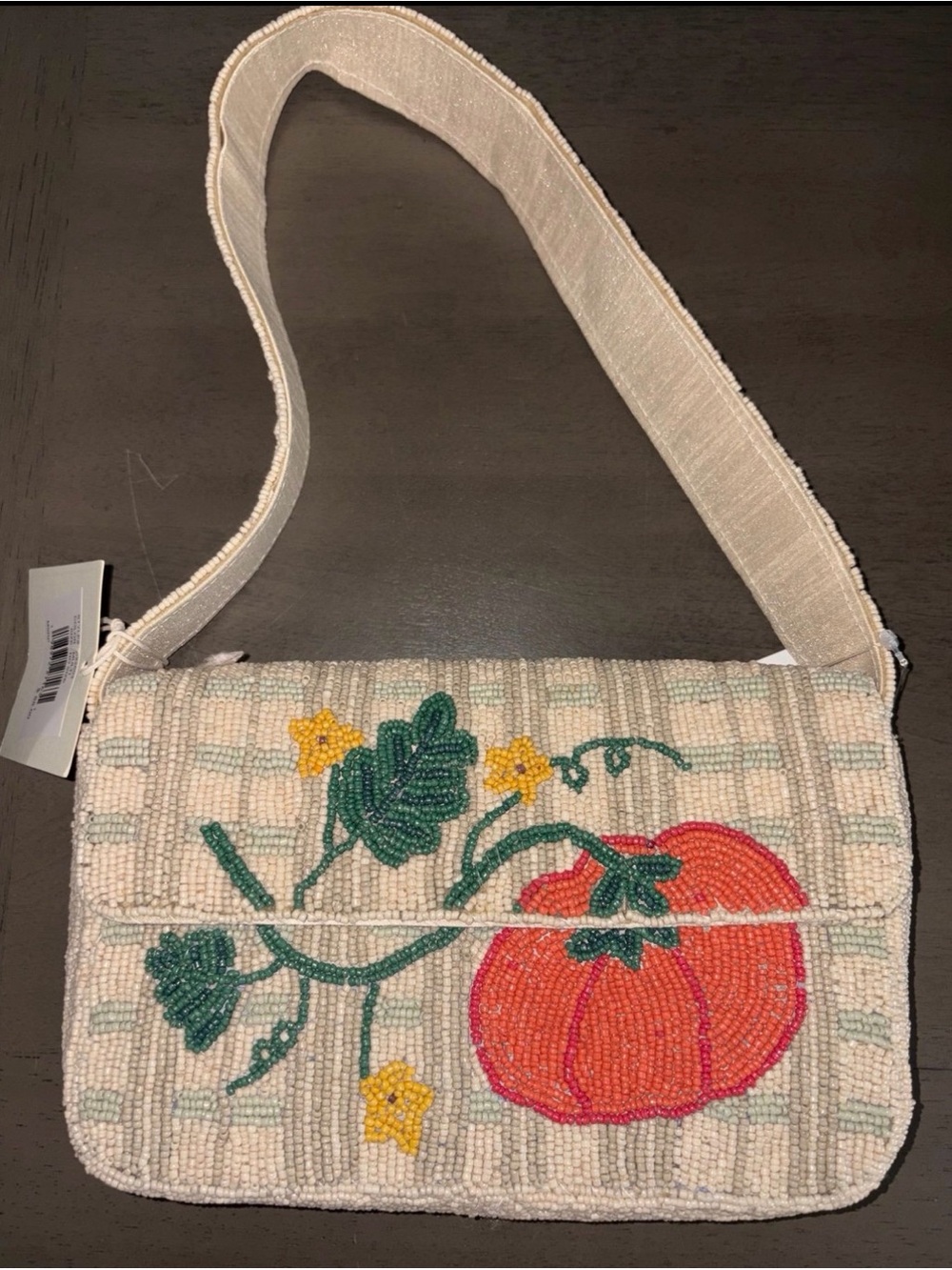Beaded Pumpkin Motif Crossbody Bag in Cream